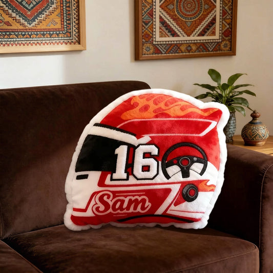 Personalized Racing Helmet Shaped Pillow Custom Name Cushion 3D Graphic Print Gift for Racing Fans and Motorsport Lovers