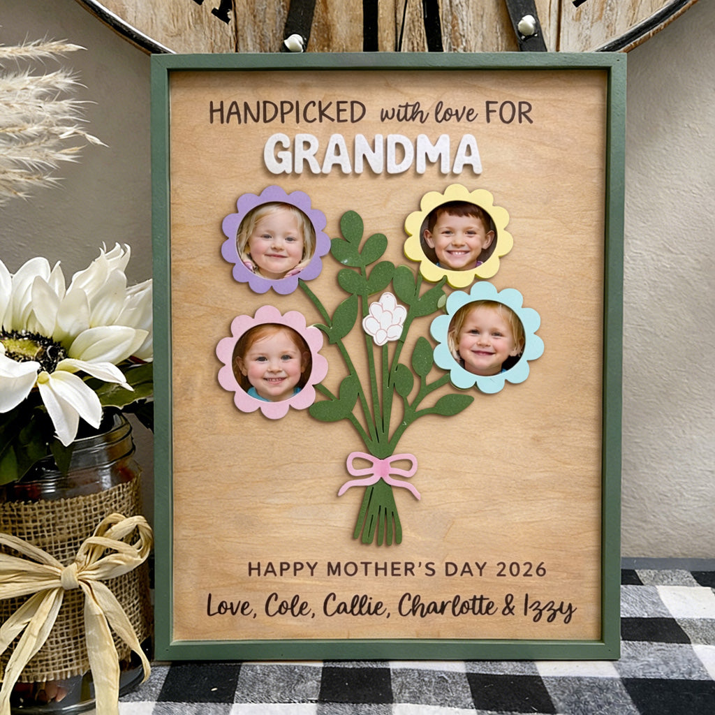 Personalized Family Flower Bouquet Wood Frame with Photos Gifts for Mom Nana