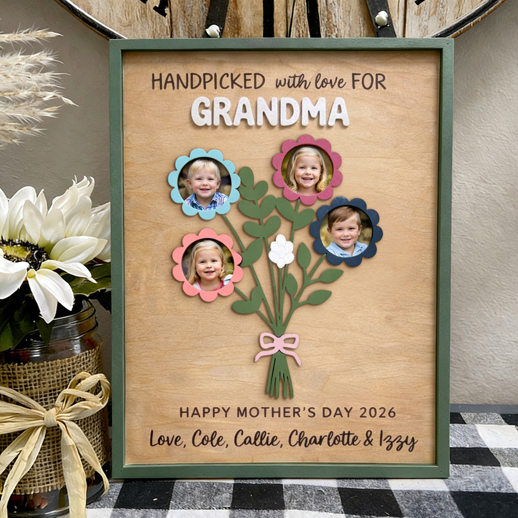 Personalized Family Flower Bouquet Wood Frame with Photos Gifts for Mom Nana