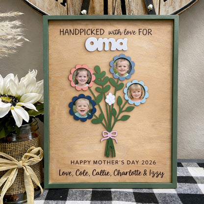 Personalized Family Flower Bouquet Wood Frame with Photos Gifts for Mom Nana