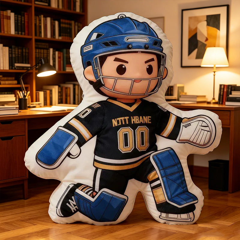 Personalized Ice Hockey Goalie Pillow with Custom Name & Jersey Number – Hockey Player Cushion, Sports Room Decor, Gift for Kids, Players, and Ice Hockey Fans