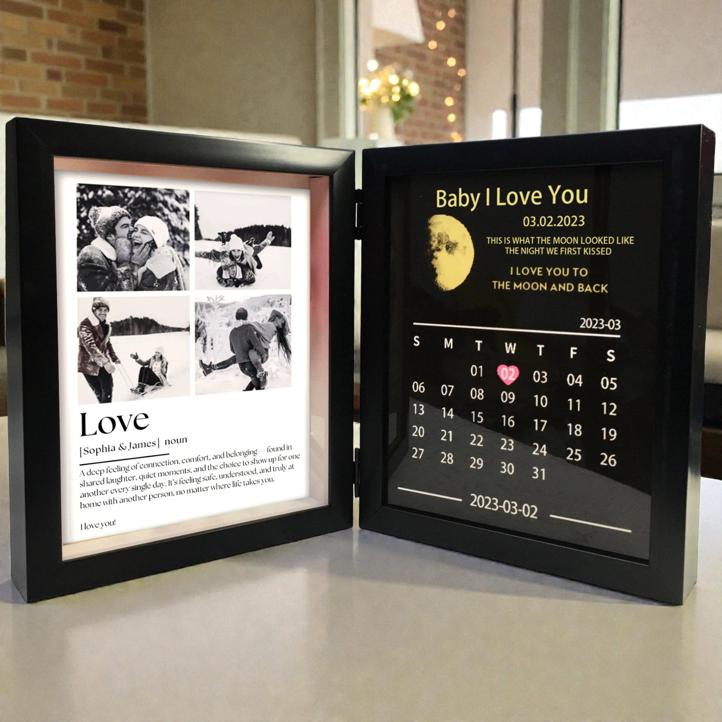 Personalized Bi-Fold Moon Phase & "Soul Mate" Definition Shadow Box: Custom "The Night We First Kissed" Moon Map & Anniversary Calendar Photo Frame