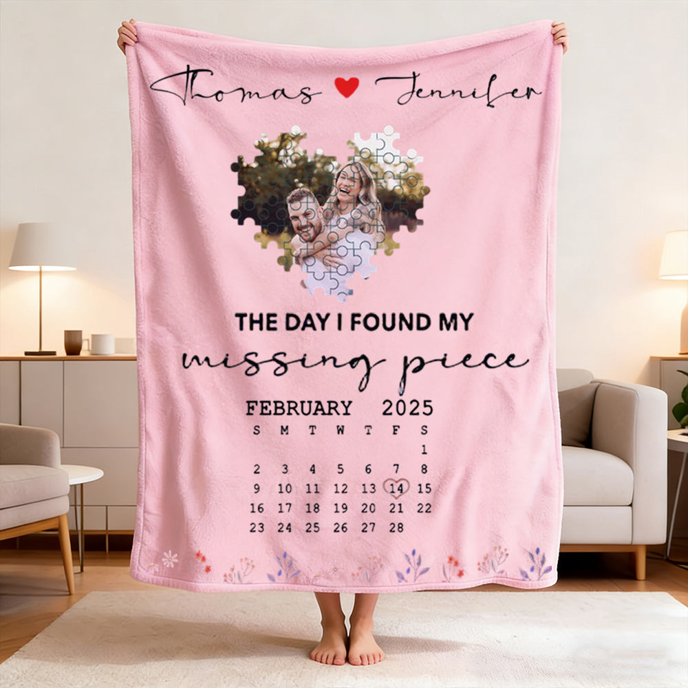 Personalized Valentine's Day Heart Puzzle Blanket - Custom Photo & Text Gift with Top Heart Design