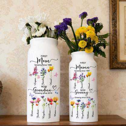“First Mom, Now Grandma” Personalized Birth Flower Vase – Heartfelt Mother’s Day Gift for Mom or Grandma