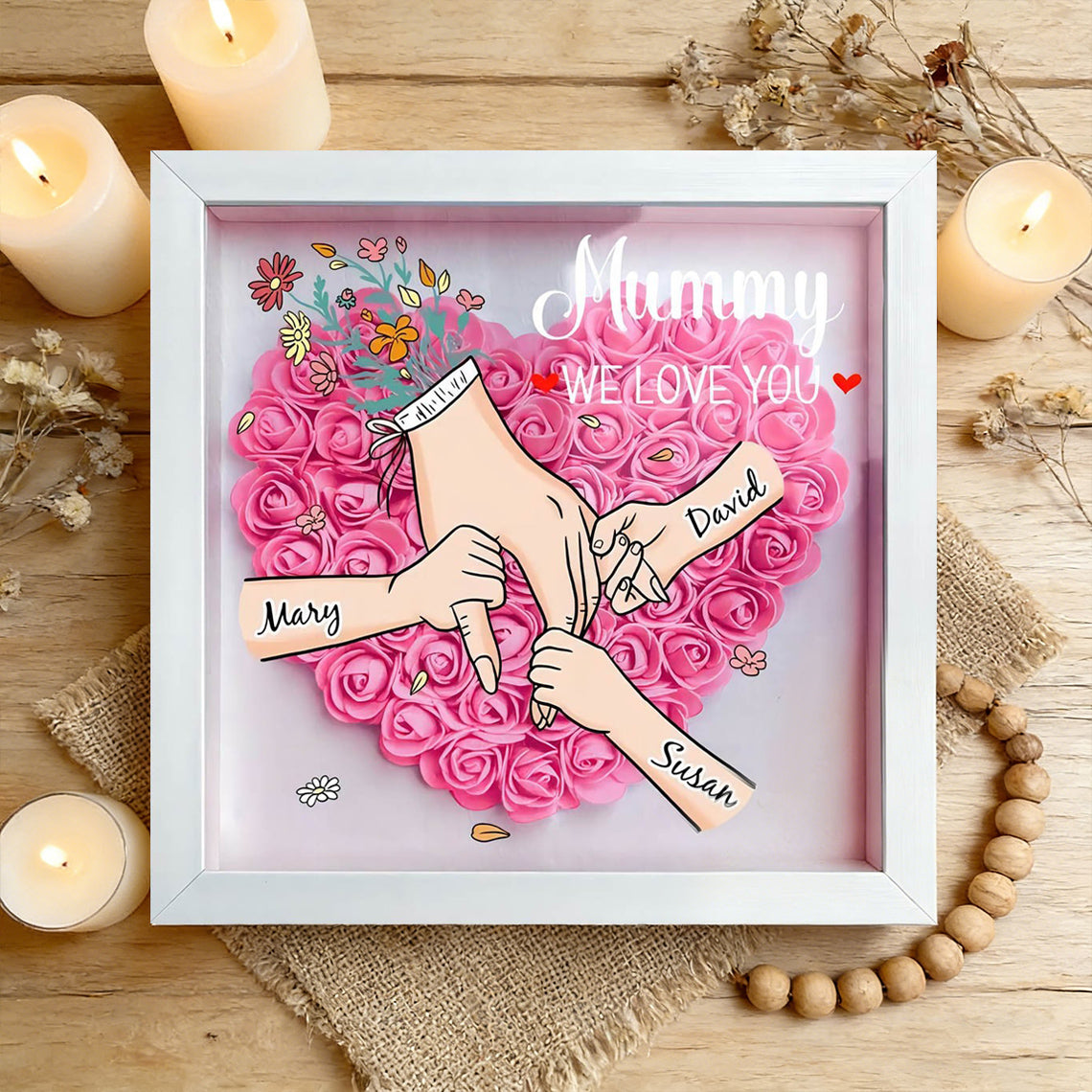 Personalized “We Love You Grandma” Holding Hands Flower Shadow Box – Custom Grandkids’ Names, Unique Mother’s Day Gift