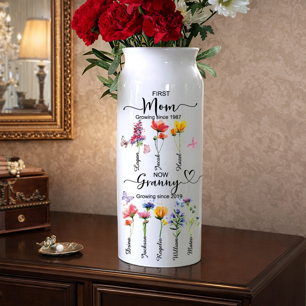 “First Mom, Now Grandma” Personalized Birth Flower Vase – Heartfelt Mother’s Day Gift for Mom or Grandma