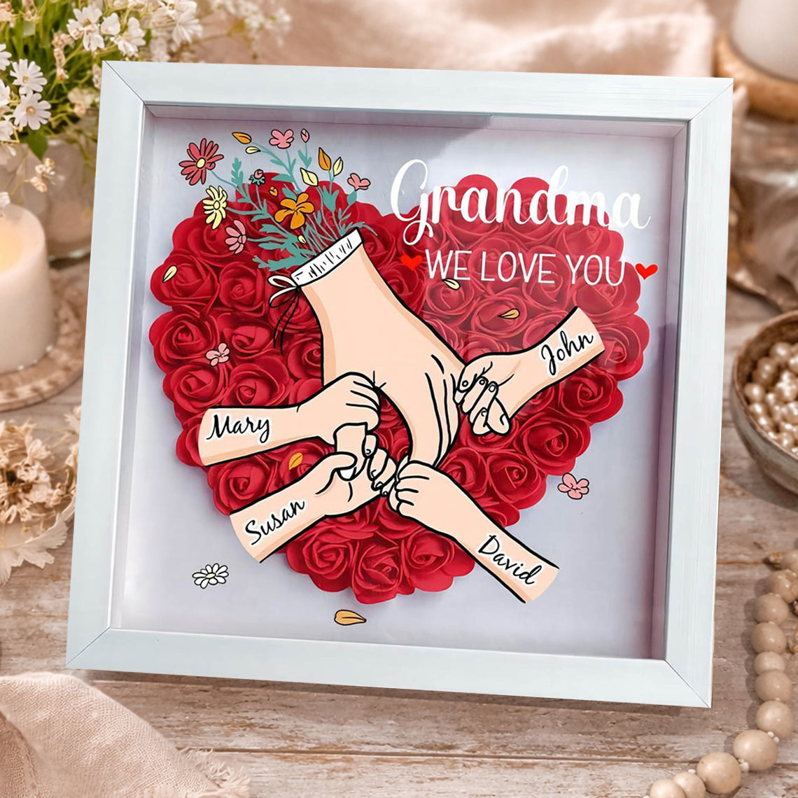 Personalized “We Love You Grandma” Holding Hands Flower Shadow Box – Custom Grandkids’ Names, Unique Mother’s Day Gift