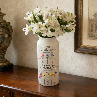 “First Mom, Now Grandma” Personalized Birth Flower Vase – Heartfelt Mother’s Day Gift for Mom or Grandma