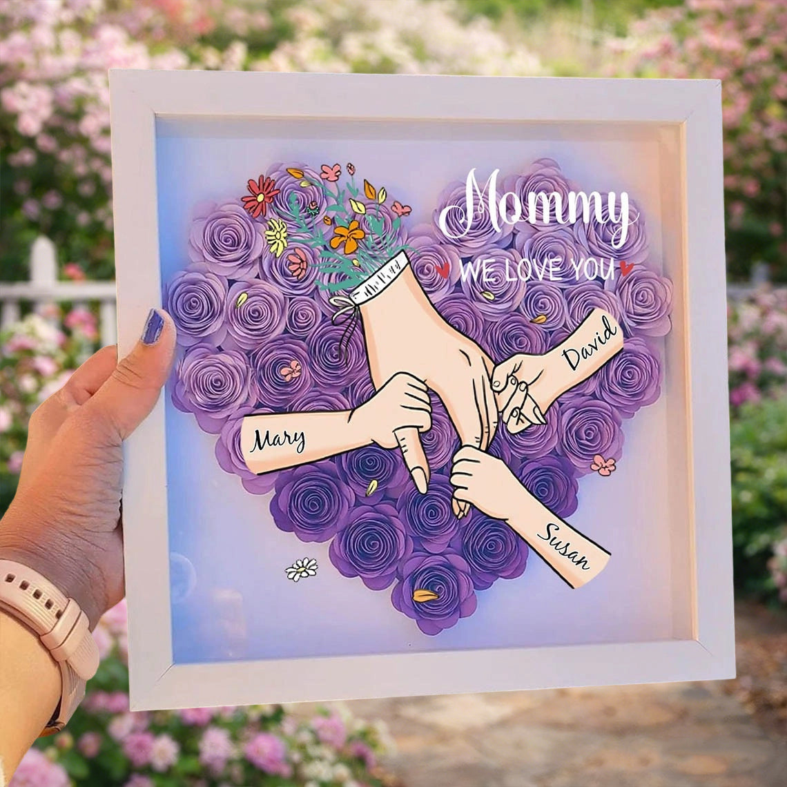 Personalized “We Love You Grandma” Holding Hands Flower Shadow Box – Custom Grandkids’ Names, Unique Mother’s Day Gift