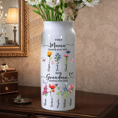 “First Mom, Now Grandma” Personalized Birth Flower Vase – Heartfelt Mother’s Day Gift for Mom or Grandma