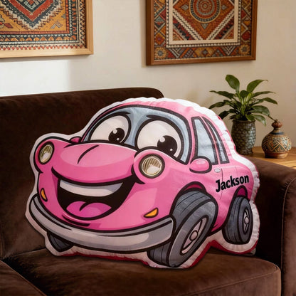 Personalized Cartoon Car Pillow with Name – 3D Graphic Print Christmas & Birthday Gift for Kids
