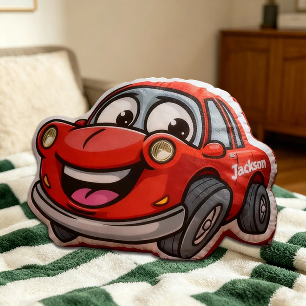 Personalized Cartoon Car Pillow with Name – 3D Graphic Print Christmas & Birthday Gift for Kids
