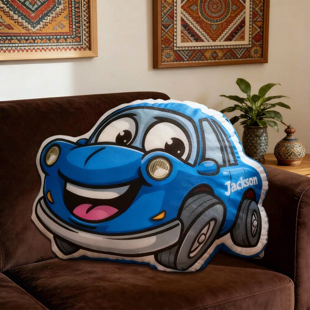 Personalized Cartoon Car Pillow with Name – 3D Graphic Print Christmas & Birthday Gift for Kids