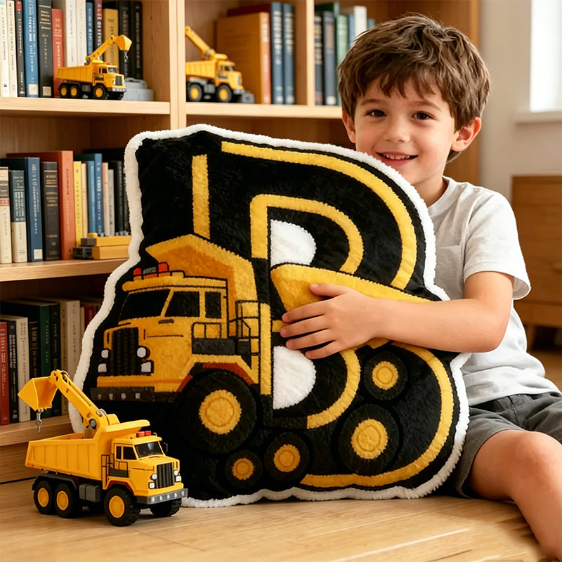 Personalized Construction Vehicle Letter Pillow – Soft Cartoon Kids Room Decor Gift