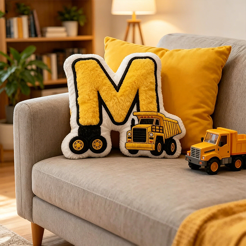 Personalized Construction Vehicle Letter Pillow – Soft Cartoon Kids Room Decor Gift