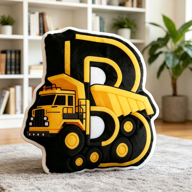 Personalized Construction Vehicle Letter Pillow – Soft Cartoon Kids Room Decor Gift