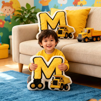 Personalized Construction Vehicle Letter Pillow – Soft Cartoon Kids Room Decor Gift