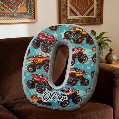 Custom Monster Truck Initial Pillow – Personalized Name Gift for Truck Fans