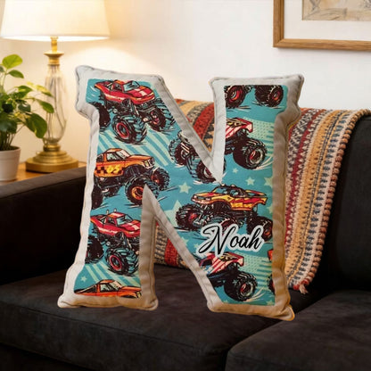 Custom Monster Truck Initial Pillow – Personalized Name Gift for Truck Fans