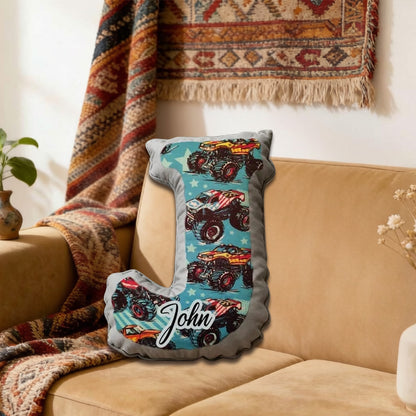 Custom Monster Truck Initial Pillow – Personalized Name Gift for Truck Fans