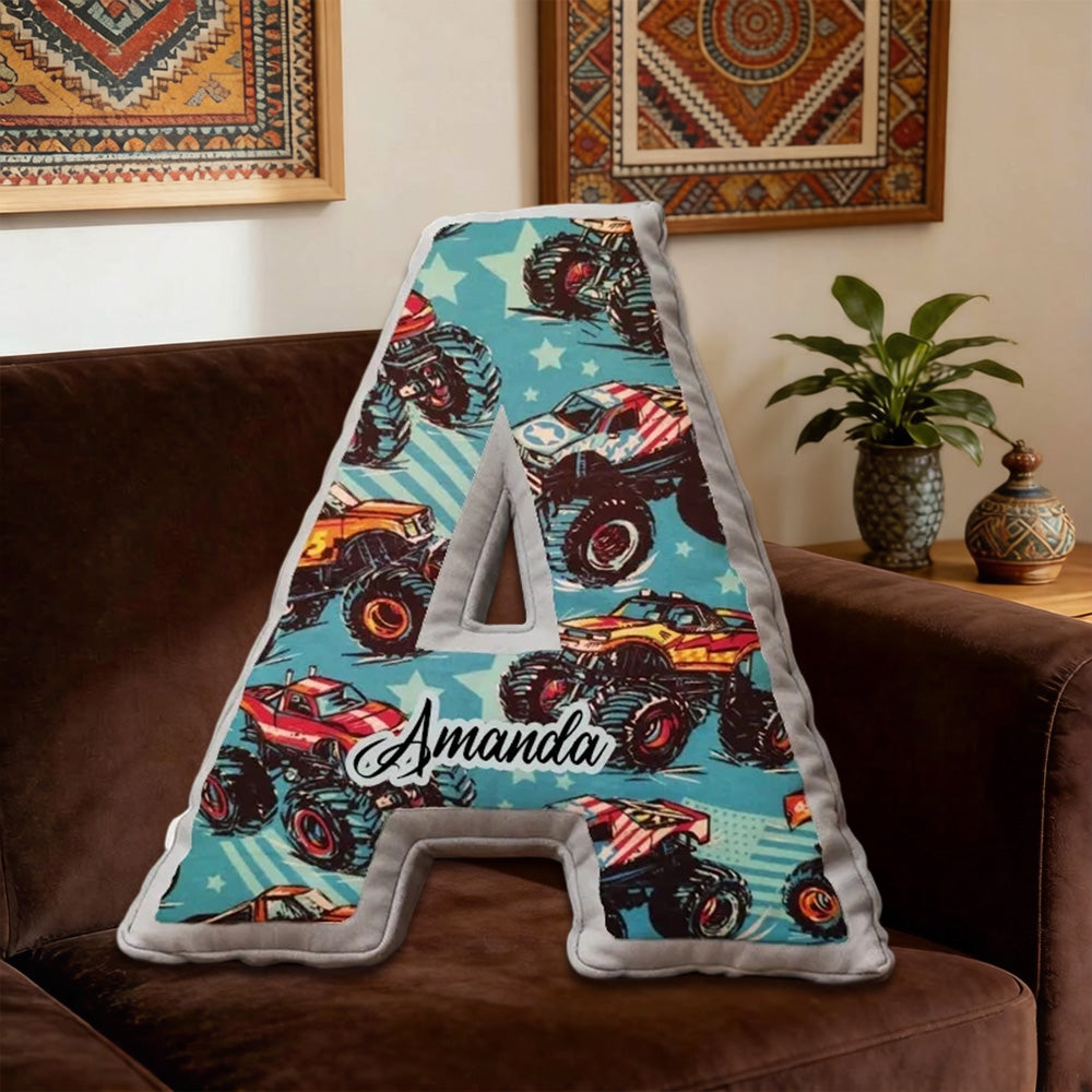 Custom Monster Truck Initial Pillow – Personalized Name Gift for Truck Fans