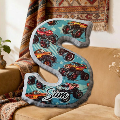 Custom Monster Truck Initial Pillow – Personalized Name Gift for Truck Fans