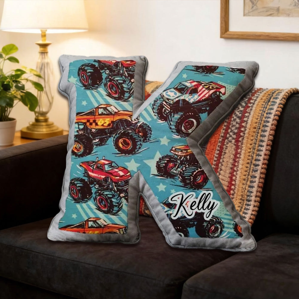 Custom Monster Truck Initial Pillow – Personalized Name Gift for Truck Fans