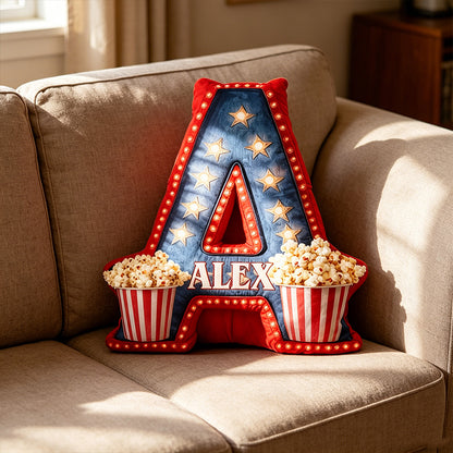 Personalized Popcorn & Movie Alphabet Pillow with Custom Initial, Kids Christmas Birthday Gift Cushion