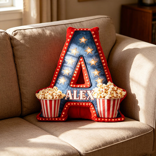 Personalized Popcorn & Movie Alphabet Pillow with Custom Initial, Kids Christmas Birthday Gift Cushion
