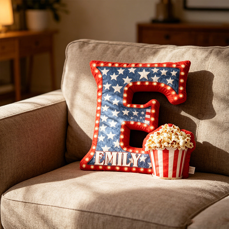 Personalized Popcorn & Movie Alphabet Pillow with Custom Initial, Kids Christmas Birthday Gift Cushion