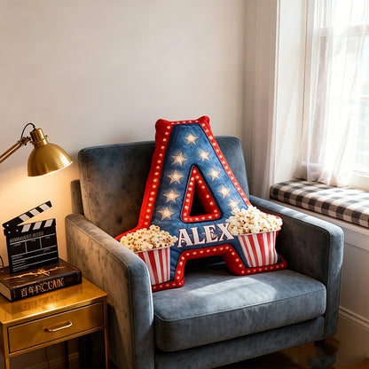 Personalized Popcorn & Movie Alphabet Pillow with Custom Initial, Kids Christmas Birthday Gift Cushion