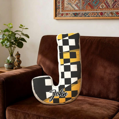 Custom Name Racing Pillow with Checkered Flag Design – Personalized Gift for Race Fans
