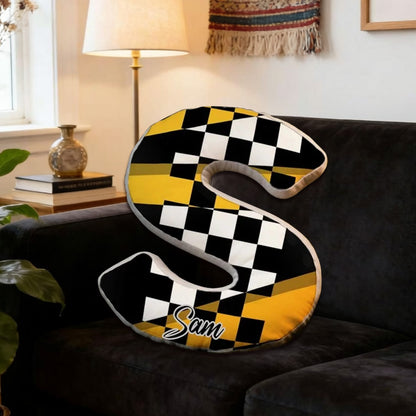 Custom Name Racing Pillow with Checkered Flag Design – Personalized Gift for Race Fans