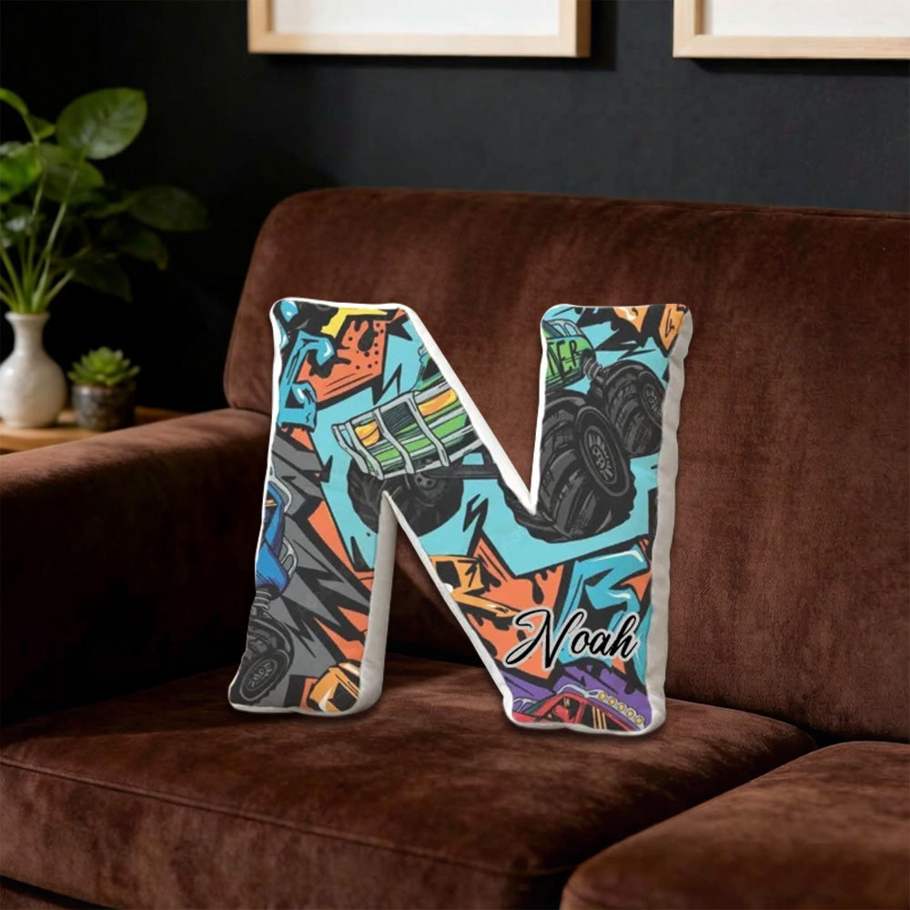 Custom Name Graffiti Monster Truck Initial Pillow – Personalized Gift for Truck Fans