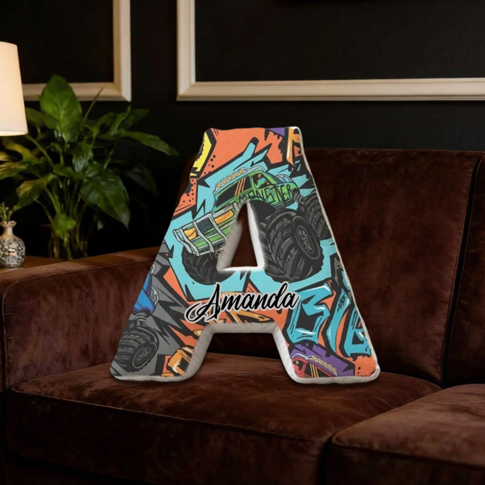 Custom Name Graffiti Monster Truck Initial Pillow – Personalized Gift for Truck Fans