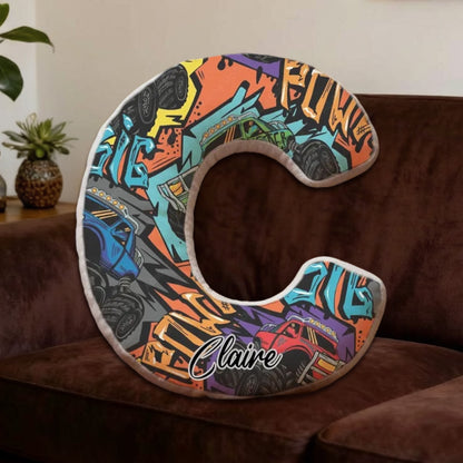 Custom Name Graffiti Monster Truck Initial Pillow – Personalized Gift for Truck Fans