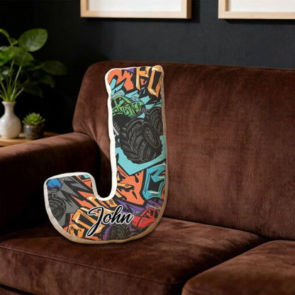 Custom Name Graffiti Monster Truck Initial Pillow – Personalized Gift for Truck Fans