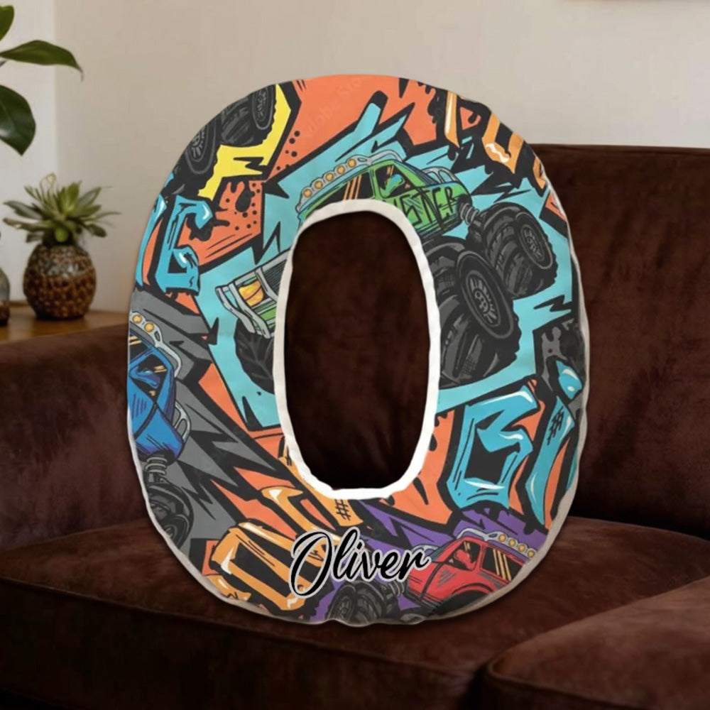 Custom Name Graffiti Monster Truck Initial Pillow – Personalized Gift for Truck Fans