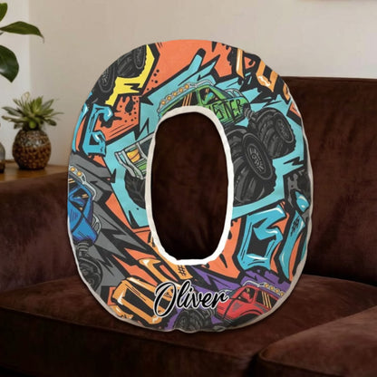 Custom Name Graffiti Monster Truck Initial Pillow – Personalized Gift for Truck Fans