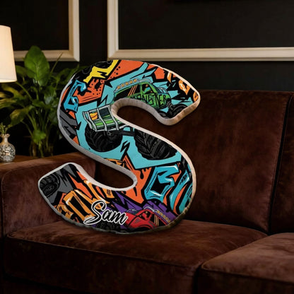 Custom Name Graffiti Monster Truck Initial Pillow – Personalized Gift for Truck Fans