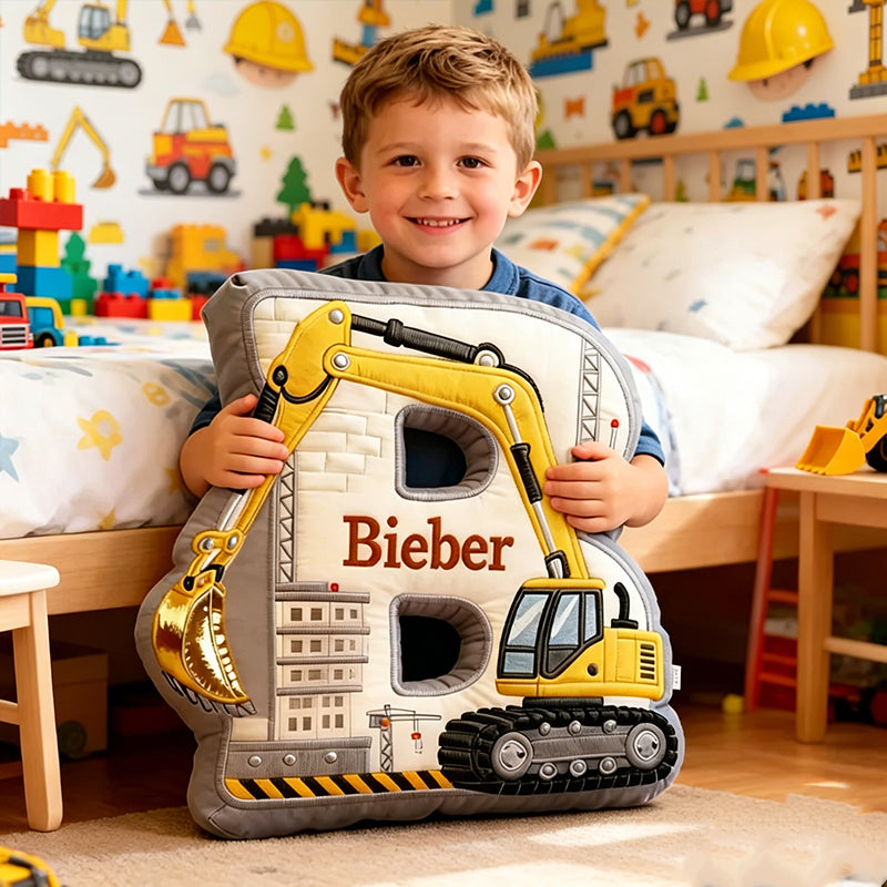 Personalized Excavator Initial Pillow – 3D Name Graphic for Kids’ Christmas Gift