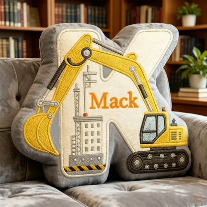 Personalized Excavator Initial Pillow – 3D Name Graphic for Kids’ Christmas Gift