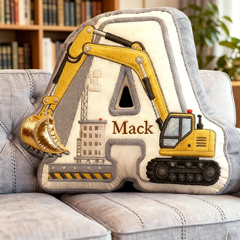 Personalized Excavator Initial Pillow – 3D Name Graphic for Kids’ Christmas Gift