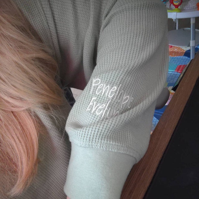 Embroidered Waffle Knit Mama Crewneck Sweatshirt with Kid Names on Sleeve