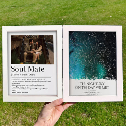 Personalized Bi-Fold Star Map & "Soul Mate" Definition Shadow Box: Custom "The Night Sky On The Day We Met" Photo Frame – Romantic Anniversary & Wedding Gift