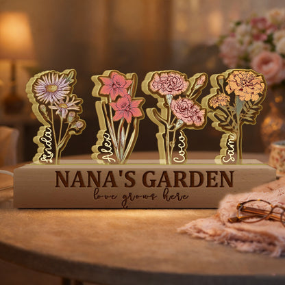 Custom Grandma's Garden Love Grows Here Birth Flower Wood Night Light Unique Gifts for Mom Grandma Christmas Gift