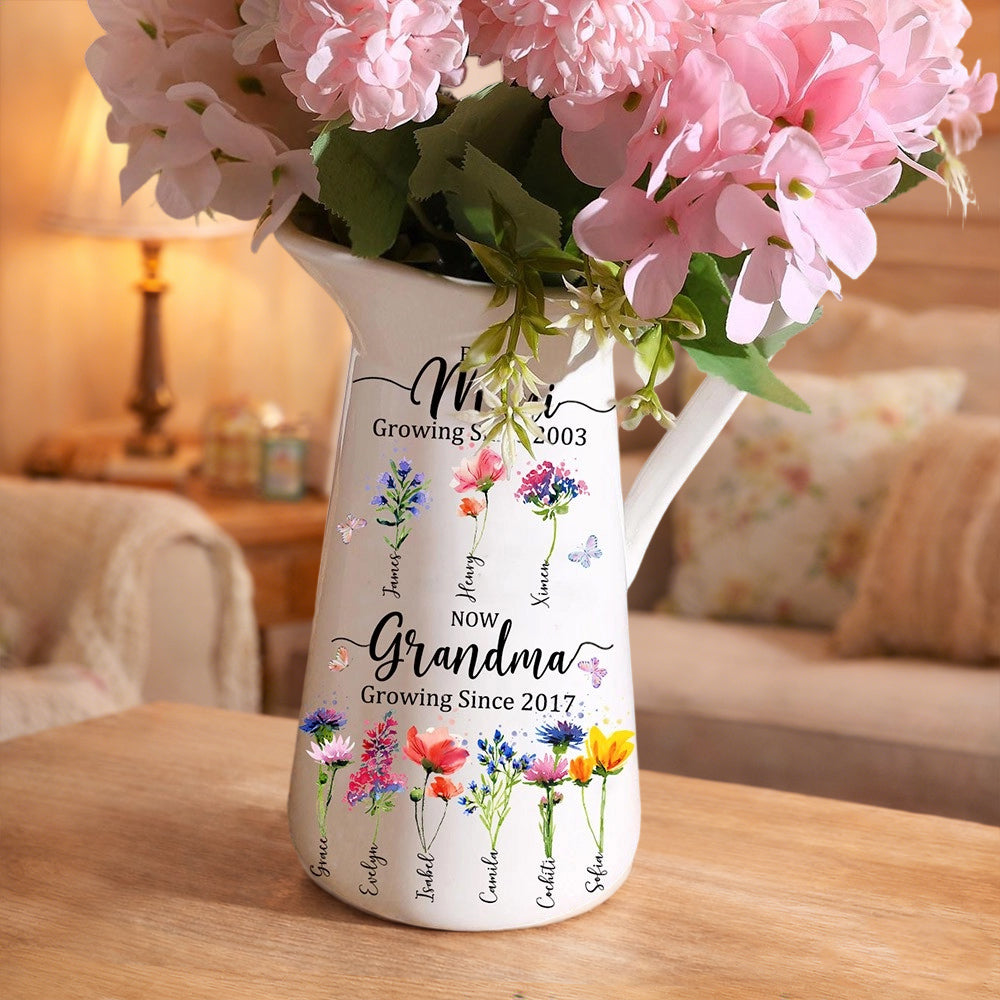 Personalized “First Mom, Now Grandma” Birth Flower Vase – Custom Kids’ Names, Unique Gift for Mom or Grandma Mother's Day Gift