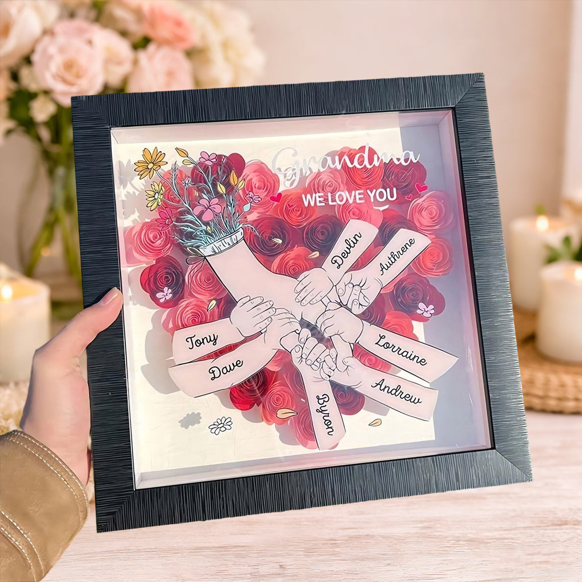 Personalized “Mama, We Love You” Holding Hands Flower Shadow Box – Custom Kids’ Names, Gift for Mom or Grandma