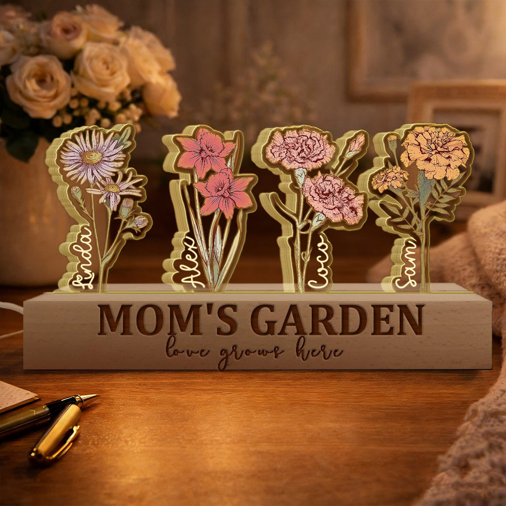 Custom Grandma's Garden Love Grows Here Birth Flower Wood Night Light Unique Gifts for Mom Grandma Christmas Gift