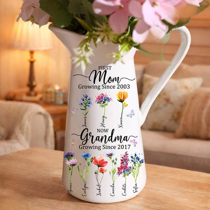 Personalized “First Mom, Now Grandma” Birth Flower Vase – Custom Kids’ Names, Unique Gift for Mom or Grandma Mother's Day Gift